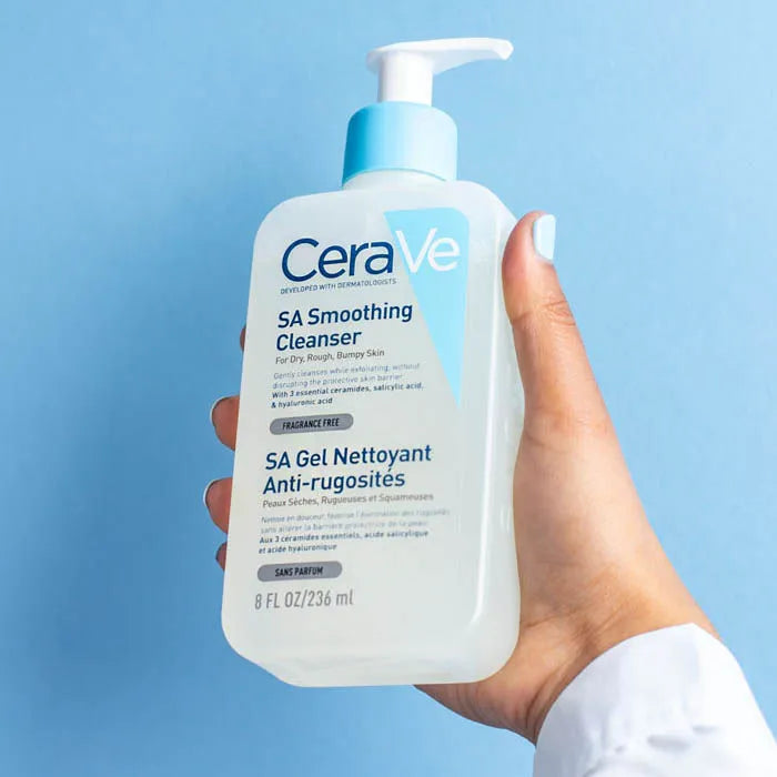 CeraVe SA Smoothing Cleanser bottle for gentle exfoliation and hydration of rough, dry skin