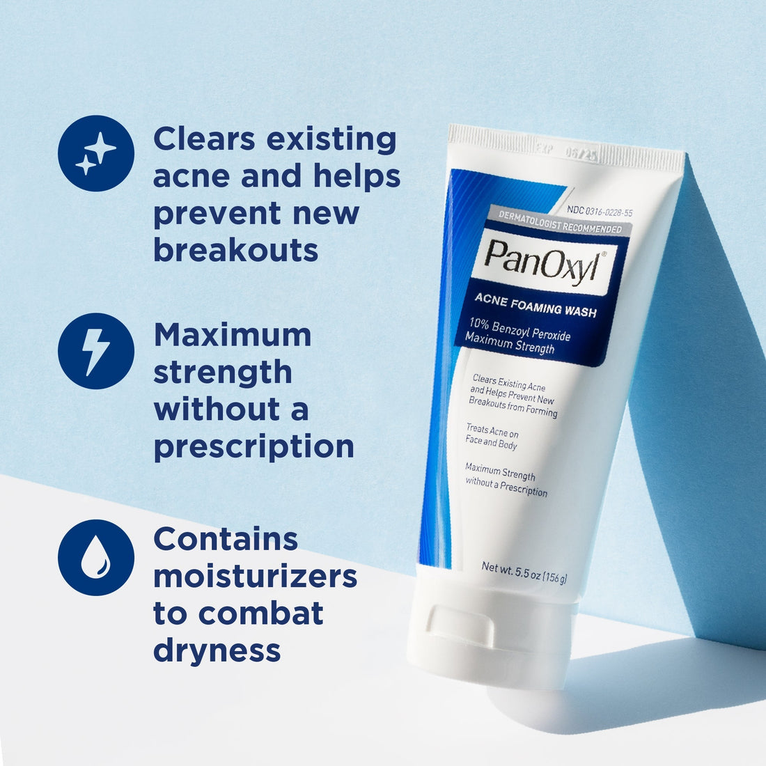 PanOxyl acne foaming wash with 10% benzoyl peroxide bottle on white background
