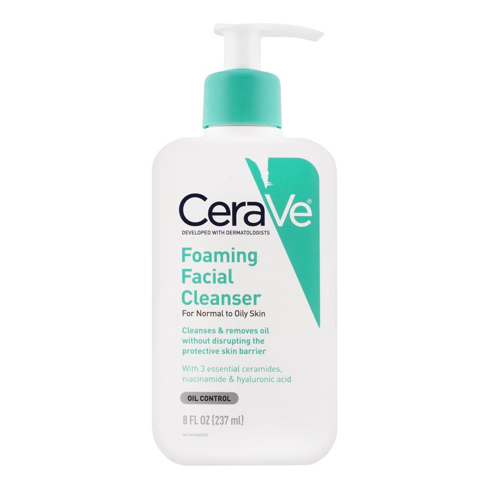 CeraVe Foaming Facial Cleanser bottle for normal to oily skin with ceramides, hyaluronic acid, and niacinamide ingredients