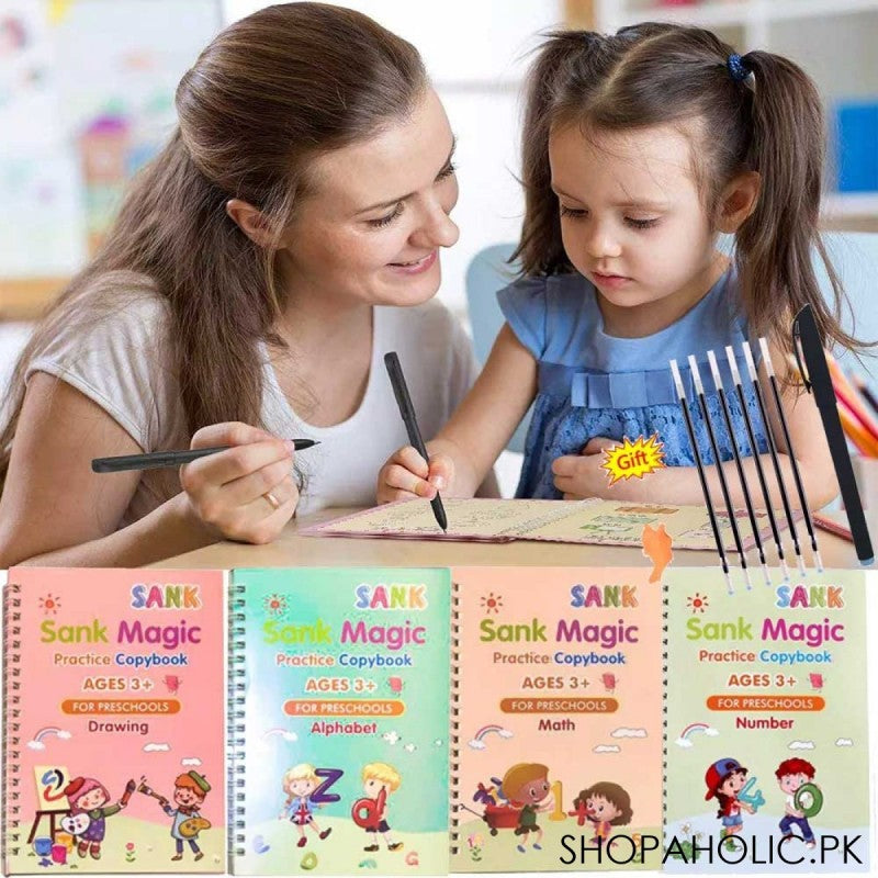 Reusable magical handwriting workbooks with disappearing ink and groove guides for skill improvement and home learning