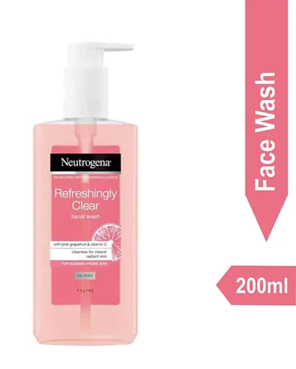 Neutrogena Refreshingly Clear facial wash bottle with pink grapefruit and vitamin C for normal skin