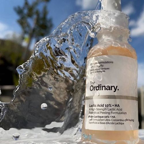 The Ordinary Lactic Acid 10% + HA exfoliating serum bottle with branding