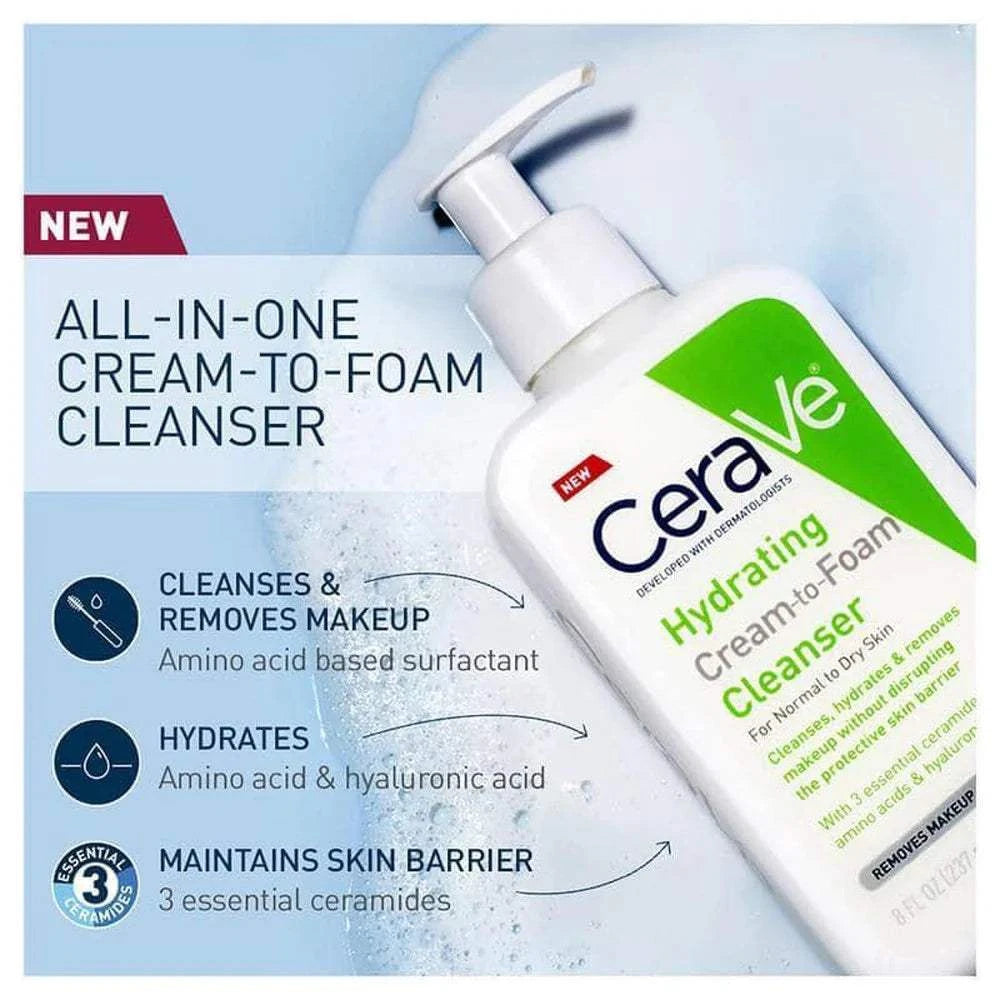 CeraVe Hydrating Cream-to-Foam Cleanser bottle with creamy to foamy texture for gentle, hydrating skincare