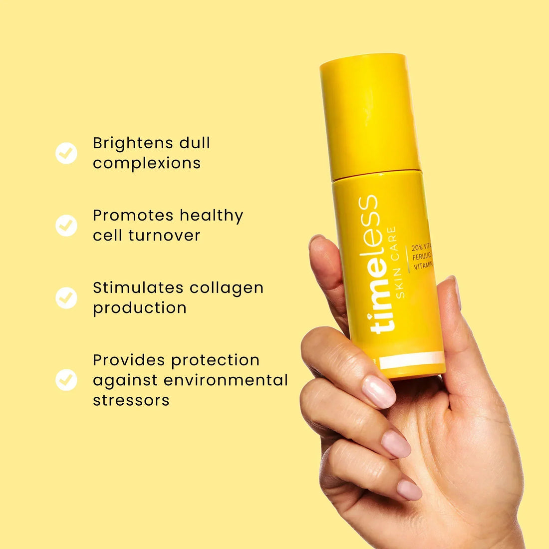 Timeless 20 Vitamin C + E Ferulic Acid serum bottle on white background for radiant skincare