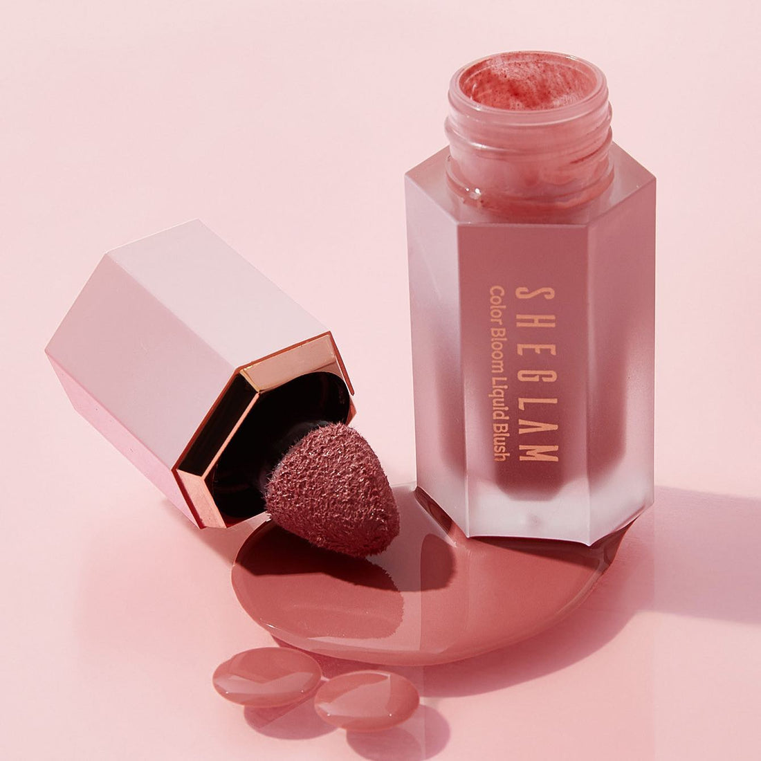 SHEGLAM Liquid Bloom Blush bottle with pink gel-cream makeup product