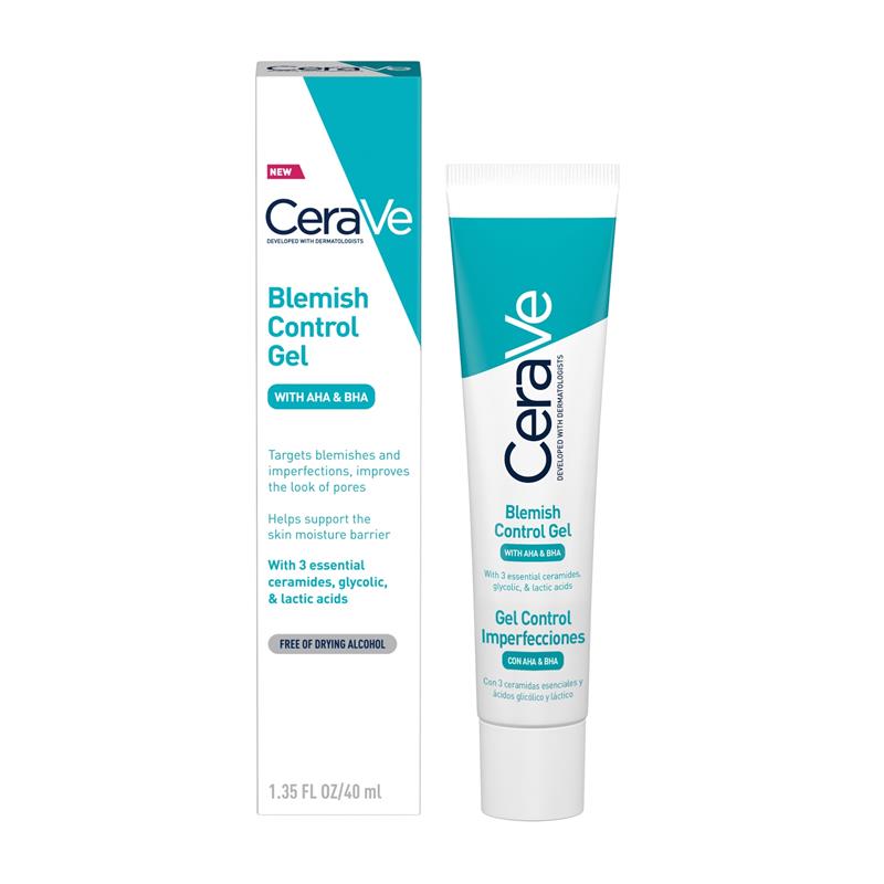 CeraVe Blemish Control Gel facial moisturizer for blemish-prone skin with AHA and BHA, reducing blackheads and spots.