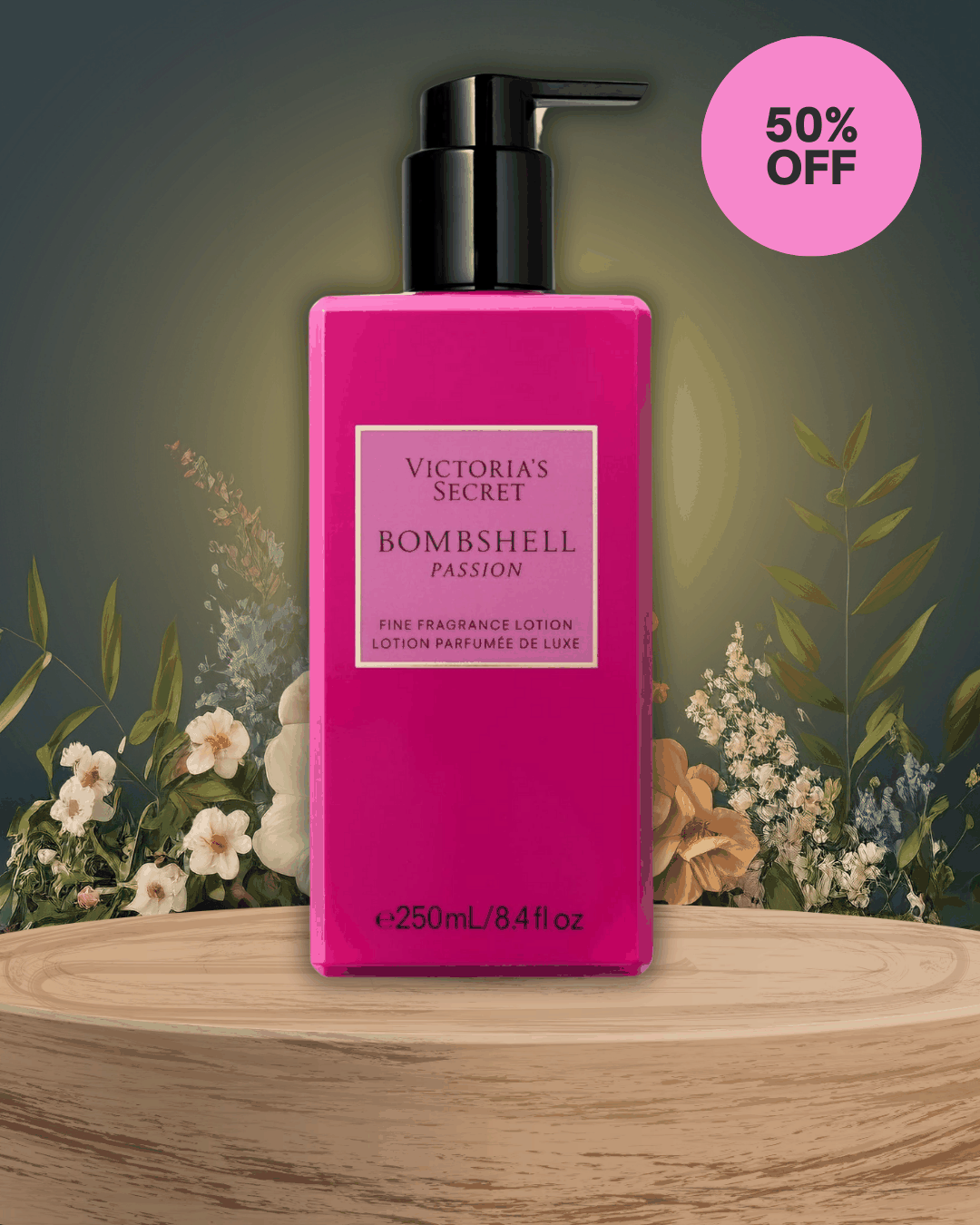 Victoria’s Secret Bombshell Passion lotion bottle with romantic Paris rooftop and iconic Eiffel Tower background at sunset