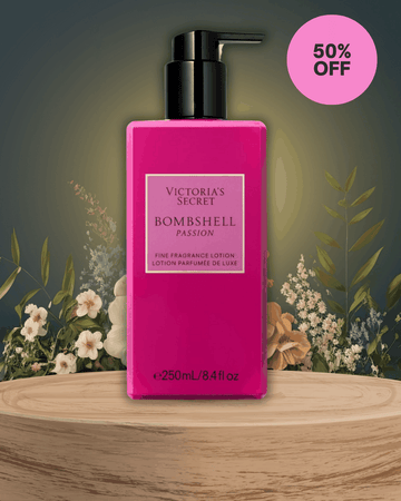 Victoria’s Secret Bombshell Passion lotion bottle with romantic Paris rooftop and iconic Eiffel Tower background at sunset
