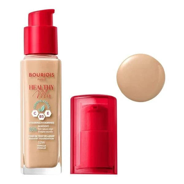 Bourjois Healthy Mix Foundation bottle with medium coverage and glowing natural finish for radiant skin
