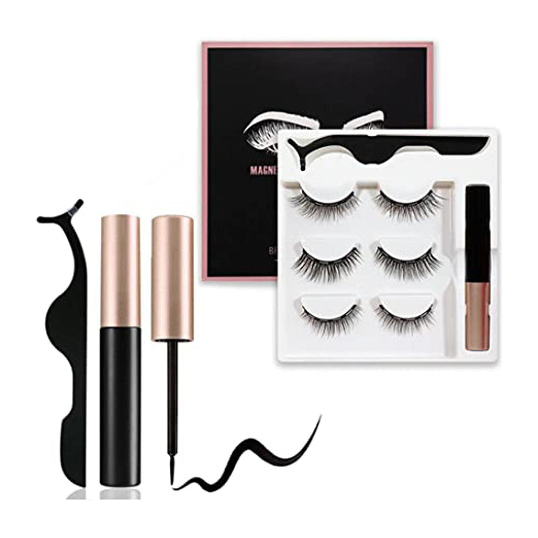 Set of magnetic eyelashes with magnetic eyeliner and applicator tweezers