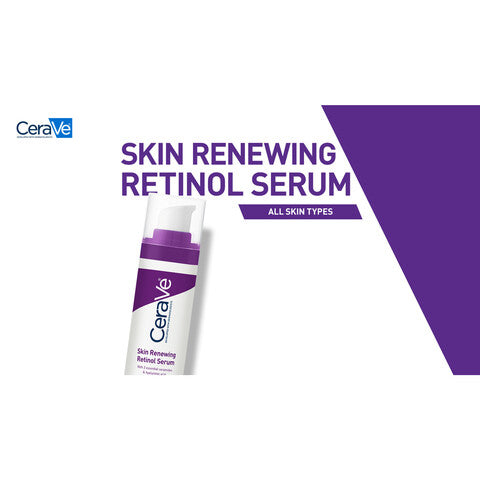 CeraVe Skin Renewing Retinol Serum bottle with key ingredients and benefits displayed