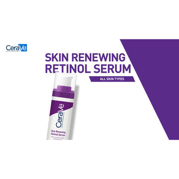CeraVe Skin Renewing Retinol Serum bottle with key ingredients and benefits displayed