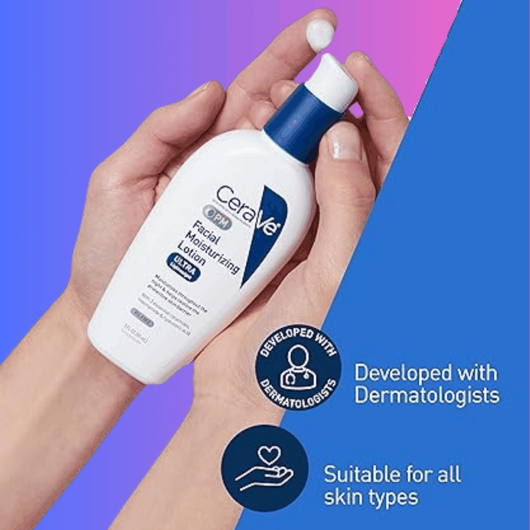 CeraVe PM Facial Moisturizing Lotion bottle highlighting lightweight, oil-free night cream for hydration and skin barrier repair