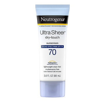 Neutrogena Ultra Sheer Sunscreen SPF 55 bottle with Helioplex technology for broad spectrum UVA/UVB protection