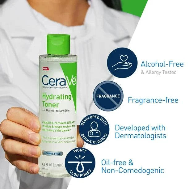 CeraVe Hydrating Toner bottle with moisture and skincare benefits illustration