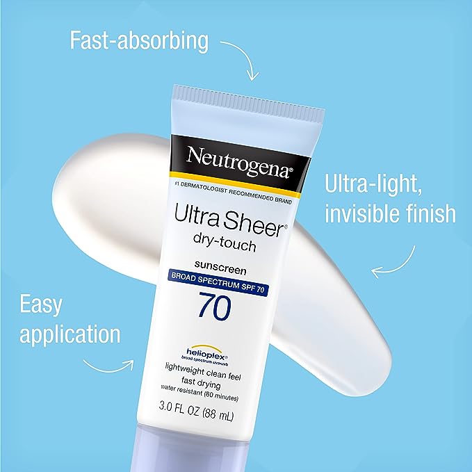 Neutrogena Ultra Sheer Sunscreen SPF 55 bottle with Helioplex technology for broad spectrum UVA/UVB protection