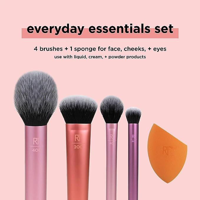 Real Techniques Makeup Brush Kit with assorted brushes and travel sponge in aluminum handles
