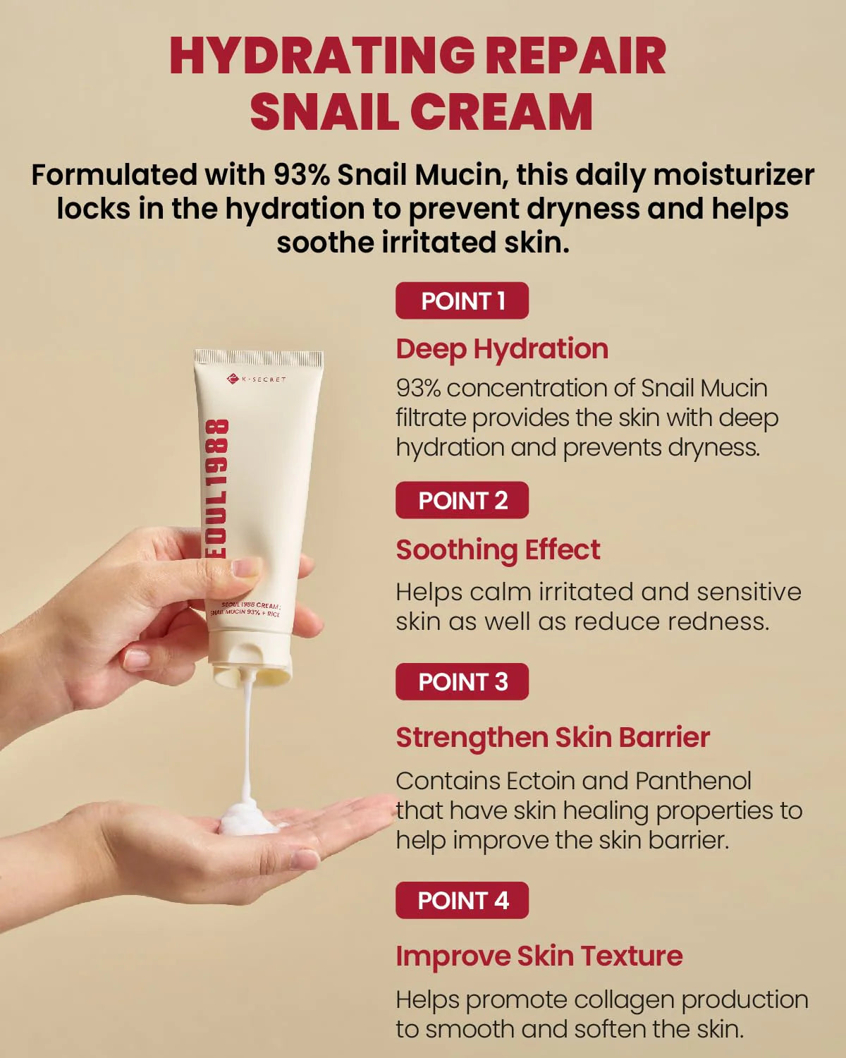 K - SECRET SEOUL 1988 Cream: Snail Mucin 93% + Rice 100 ml