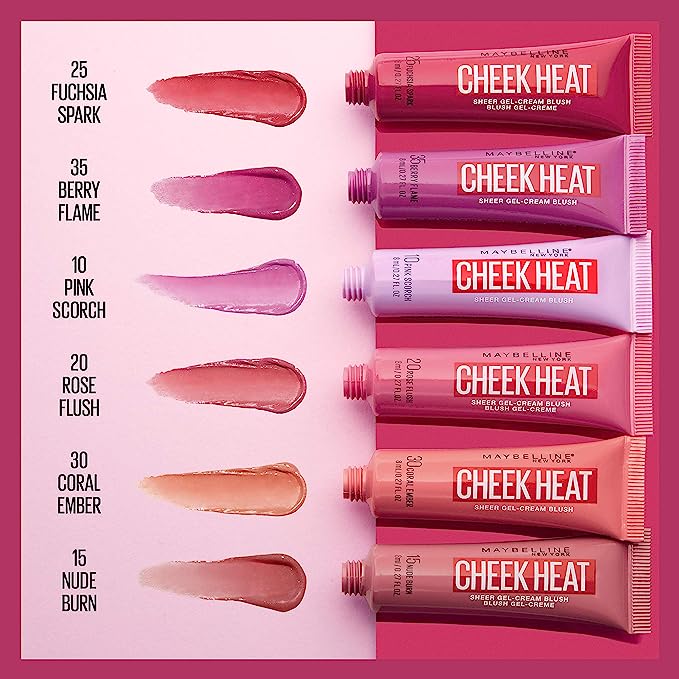 Maybelline Cheek Heat Gel-Cream blush in six sheer, buildable colors with lightweight gel formula and dewy finish