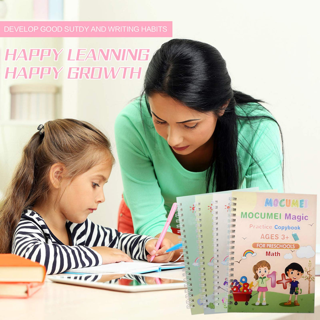 Reusable magical handwriting workbooks with disappearing ink and groove guides for skill improvement and home learning