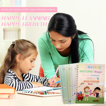 Reusable magical handwriting workbooks with disappearing ink and groove guides for skill improvement and home learning