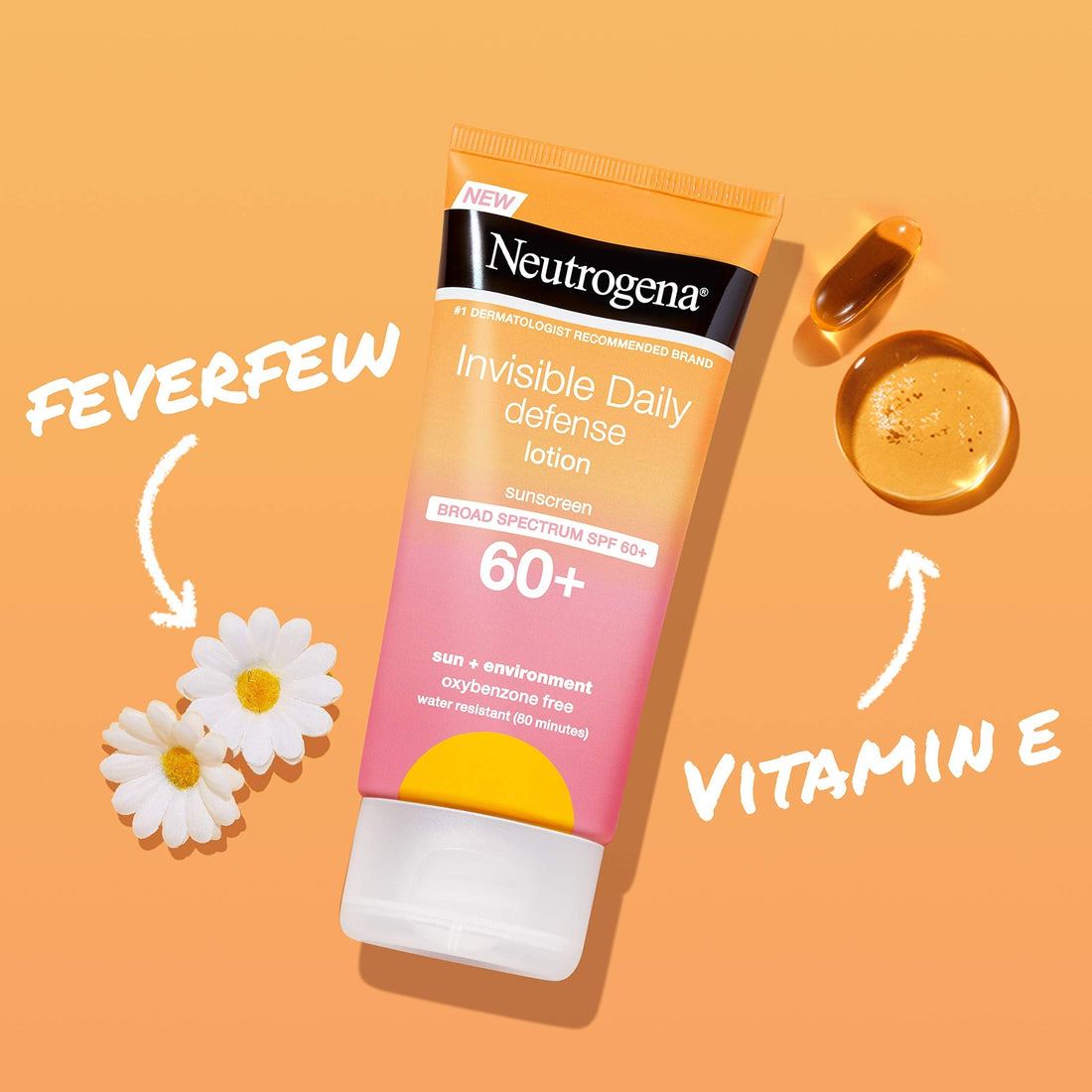 Neutrogena Invisible Daily Defense SPF 60+ sunscreen lotion bottle with broad spectrum protection and hydrating formula