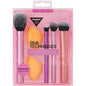 Real Techniques Makeup Brush Kit with assorted brushes and travel sponge in aluminum handles
