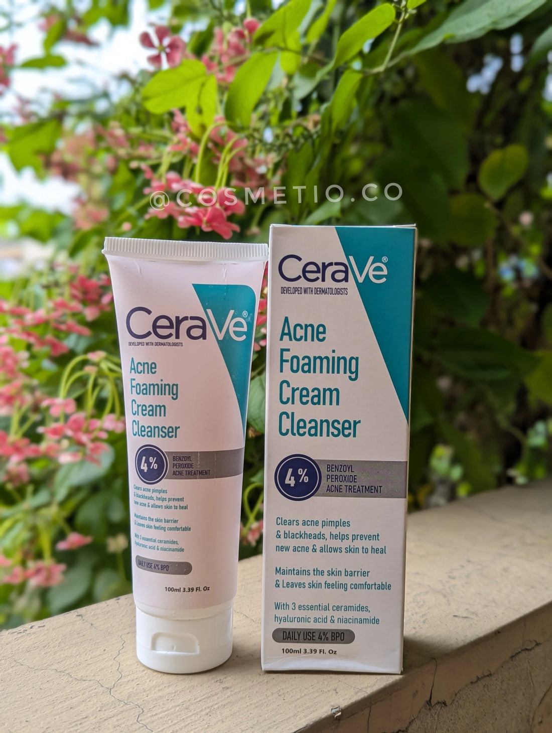 CeraVe Acne Foaming Cream Cleanser tube with 4% benzoyl peroxide for acne treatment and hydration
