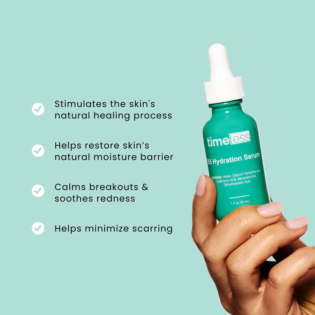 Timeless B5 Hydration Serum bottle with vitamin B5 and hyaluronic acid for radiant skin