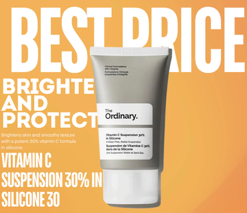 The Ordinary Vitamin C Suspension 30% in Silicone brightening serum bottle on white background