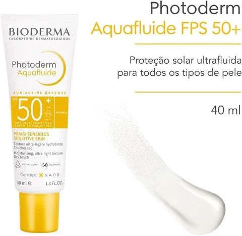 Bioderma Photoderm Aquafluide SPF 50+ tinted sunscreen bottle for high UVA/UVB protection and natural glow