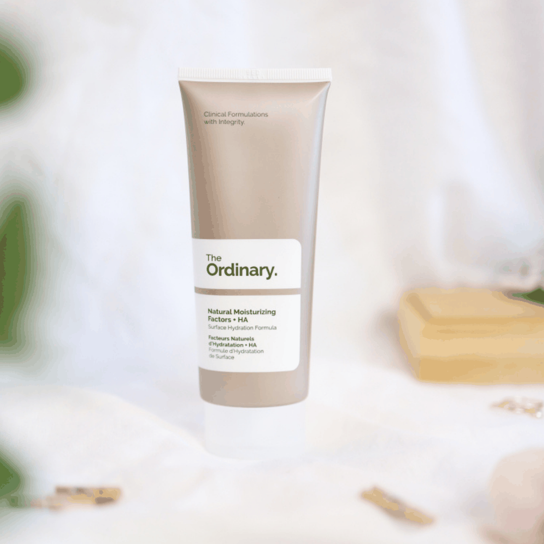 The Ordinary Natural Moisturizing Factors + HA Sunscreen bottle providing hydration and SPF 30 sun protection for daily skincare