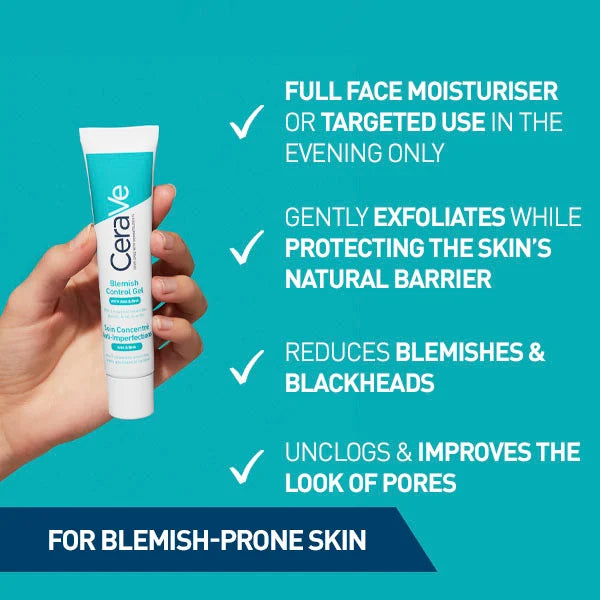 CeraVe Blemish Control Gel facial moisturizer for blemish-prone skin with AHA and BHA, reducing blackheads and spots.