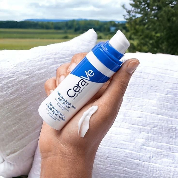 CeraVe Hydrating Hyaluronic Acid Serum bottle with hydration and skincare benefits highlighted