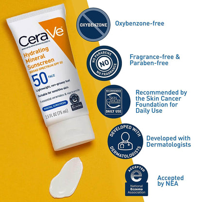 CeraVe | 100% Mineral Hydrating Sunscreen SPF 50 | 75ml / 2.5oz