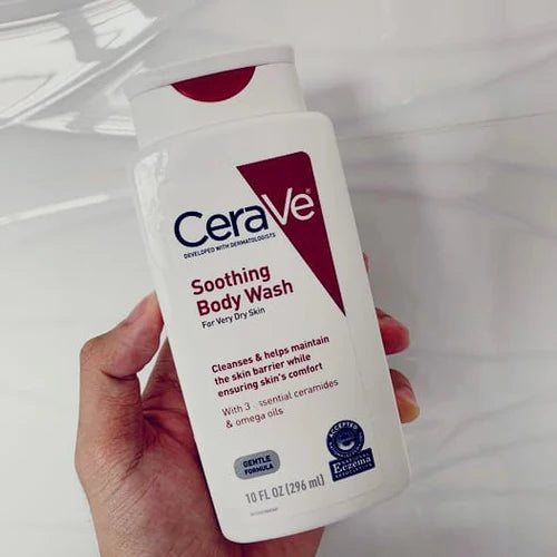 CeraVe Soothing Body Wash bottle with moisturizing ingredients for sensitive dry skin