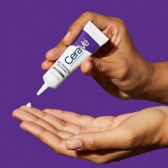 CeraVe Skin Renewing Eye Cream jar with ingredients list and application instructions for brightening and hydrating under-eye skin