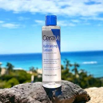 CeraVe Hydrating Lotion Toner bottle with water droplets and fresh skin care theme