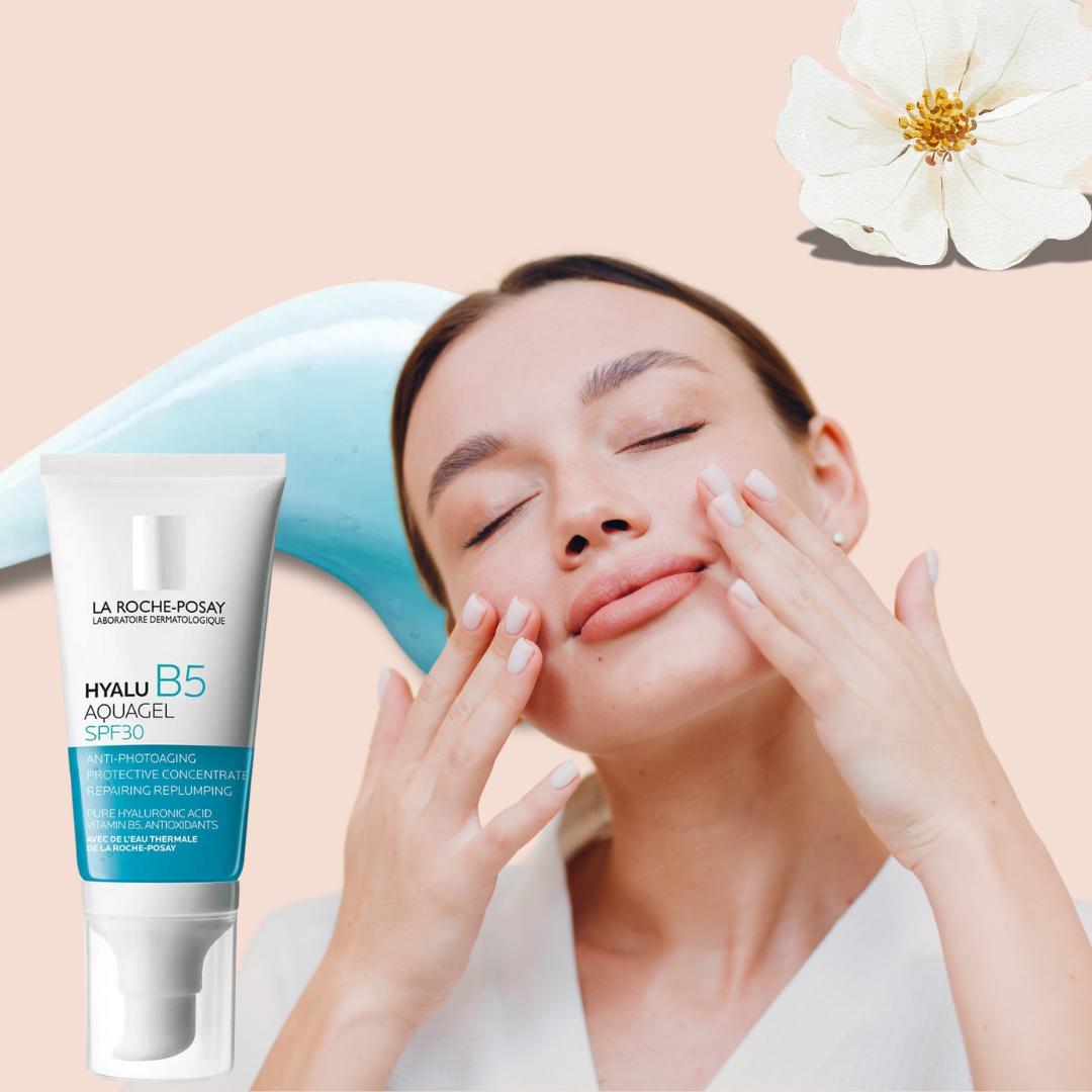 La Roche-Posay Hyalu B5 Aqua Gel SPF30 50ml bottle with blue packaging and moisturizing gel product for sensitive skin protection