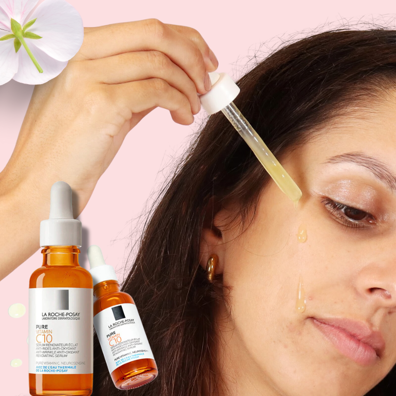 La Roche Posay Pure Vitamin C10 Serum bottle on white background with glowing skin benefits text