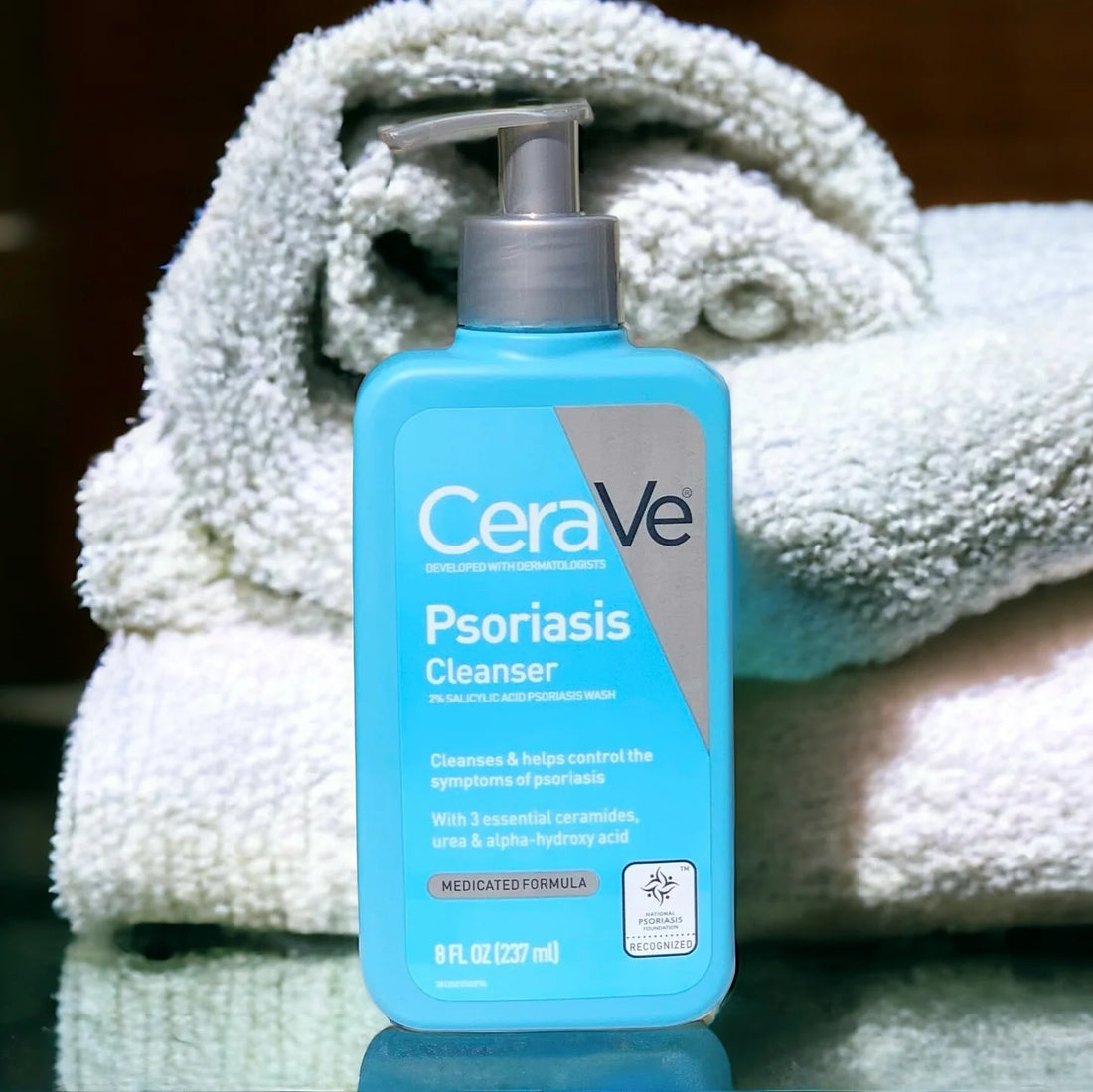 CeraVe Psoriasis Cleanser bottle with label highlighting soothing and hydrating skincare for psoriasis relief