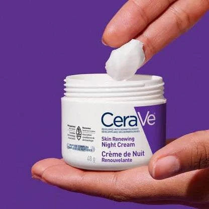 CeraVe Skin Renewing Night Cream jar on white background with moisturizing and anti-aging benefits