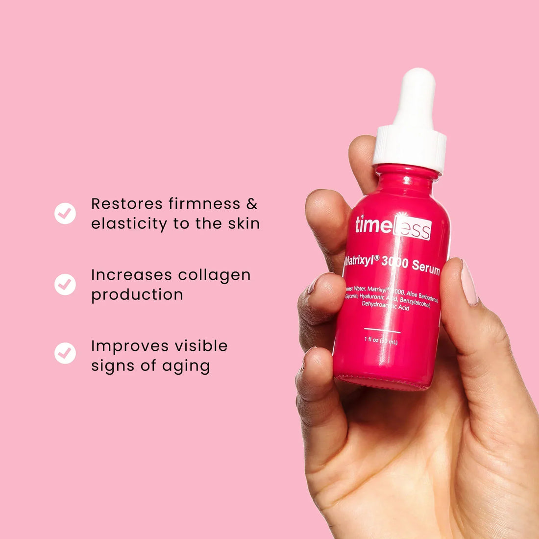 Timeless Matrixyl 3000 Hyaluronic Acid Serum bottle with collagen-boosting skincare benefits