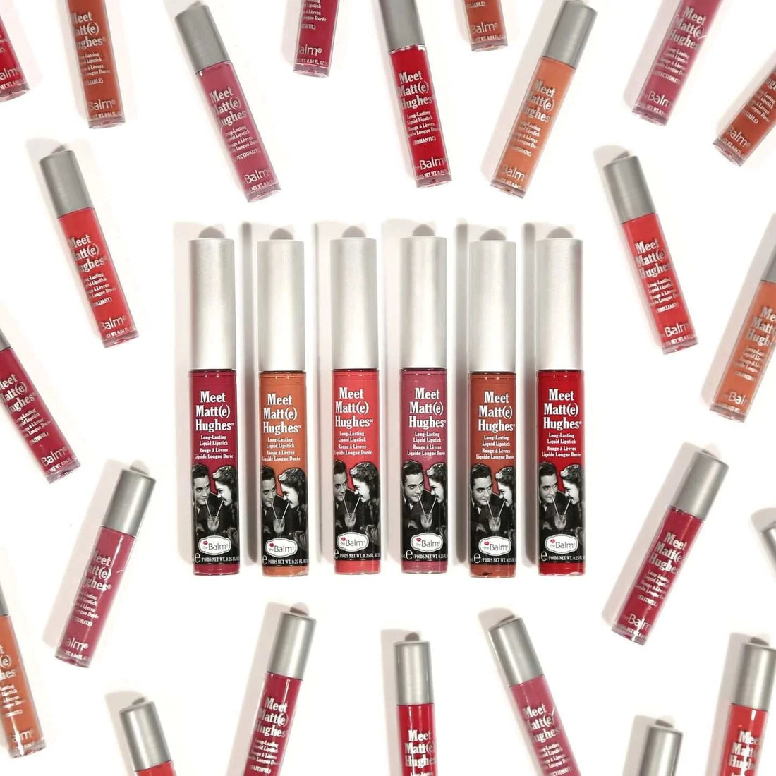 Meat Matte Hughes mini liquid lipstick set with six long-lasting matte shades by The Balm Cosmetics