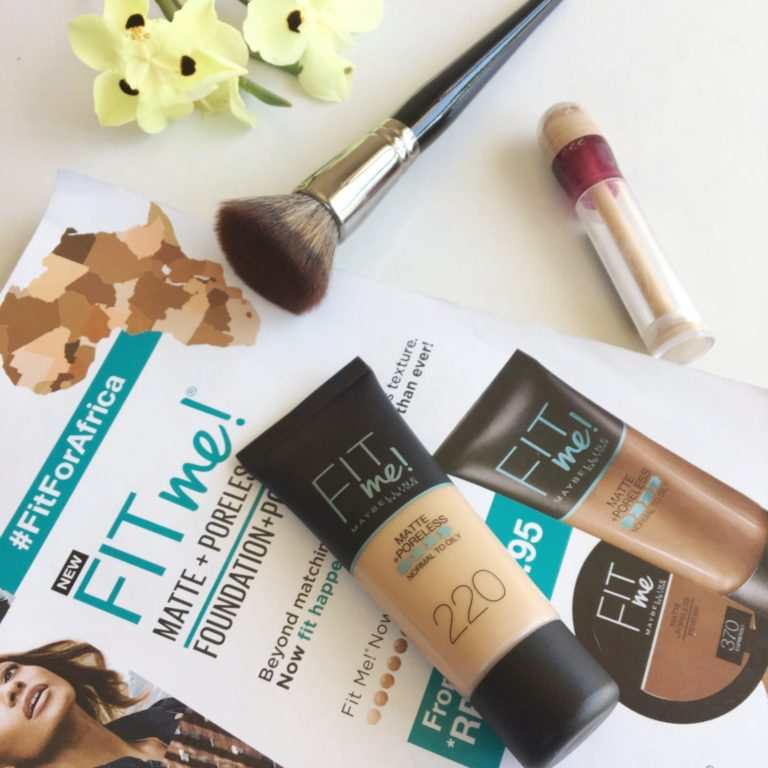Maybelline Fit Me Matte + Poreless Foundation bottle with matte finish and pore-minimizing formula