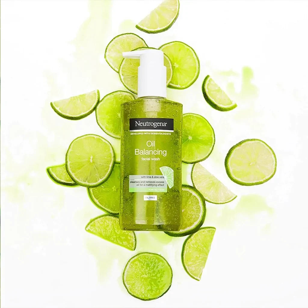 Neutrogena Oil Balancing Facial Wash with lime and aloe vera for oily skin, tightens pores, and mattifies