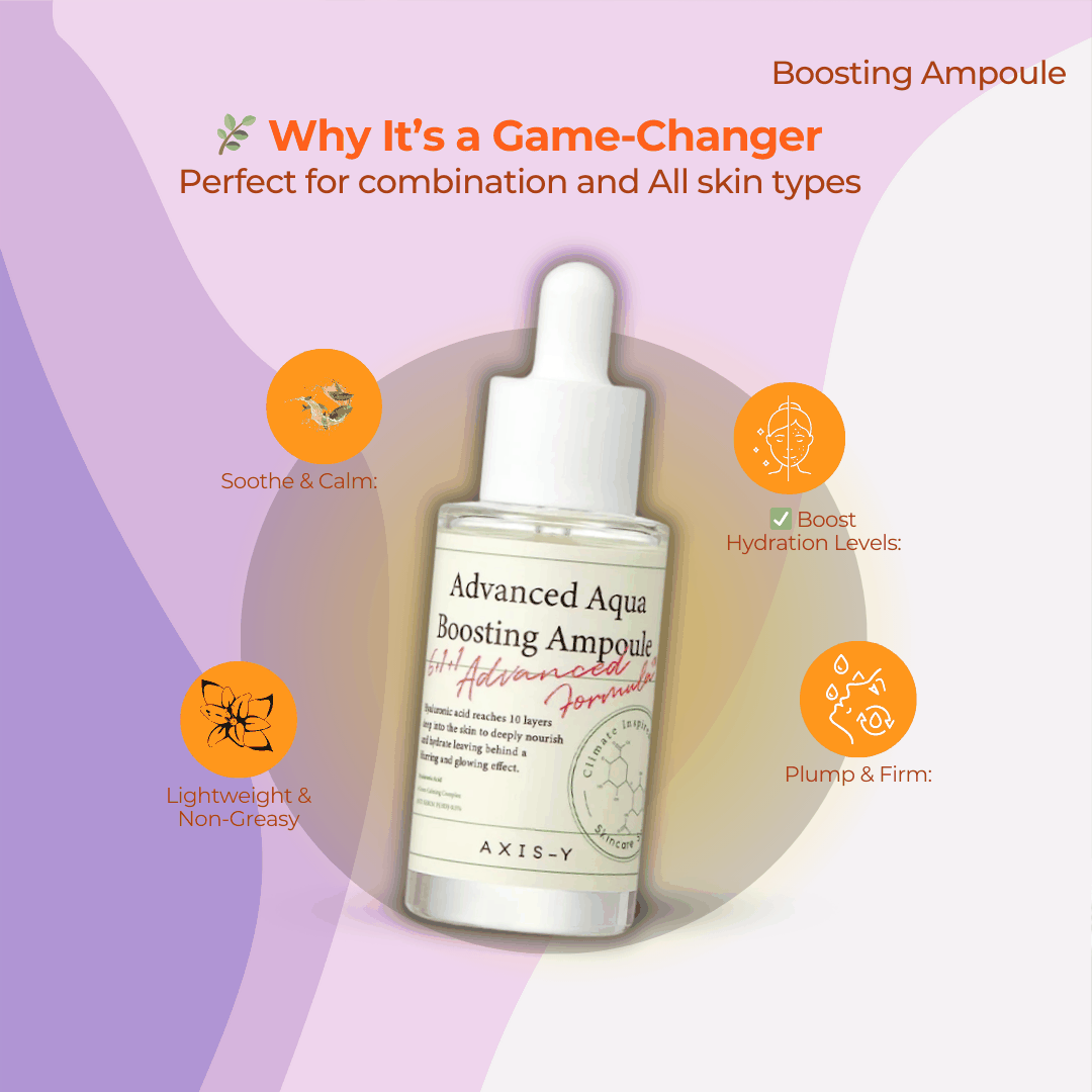 AXIS-Y Advanced Aqua Boosting Ampoule bottle with hydrating skincare elements and water droplets