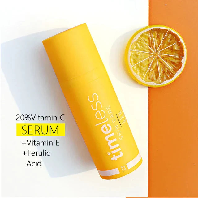 Timeless 20 Vitamin C + E Ferulic Acid serum bottle on white background for radiant skincare