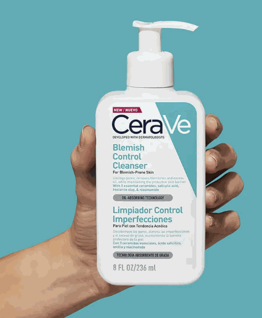 CeraVe Blemish Control Cleanser bottle with salicylic acid and hydrating formula for clear, smooth skin