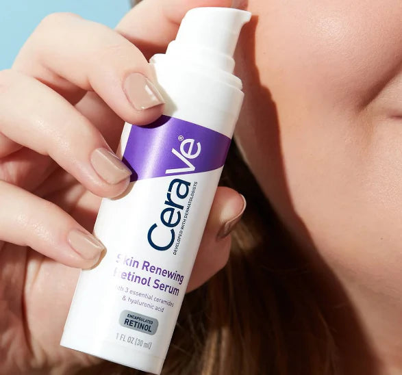 CeraVe Skin Renewing Retinol Serum bottle with bright, radiant skin background and skincare ingredients highlighting anti-aging benefits